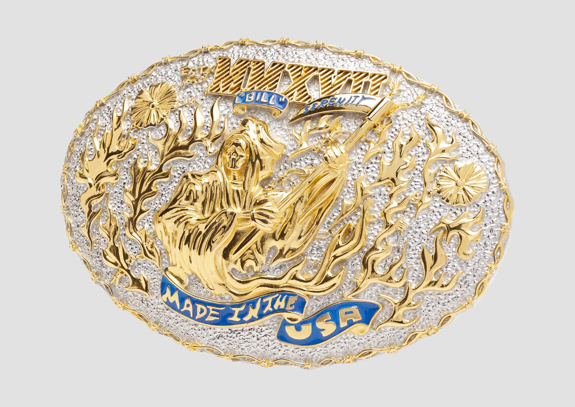 Warren Lotas rodeo-style silver belt buckle with gold details and blue enamel