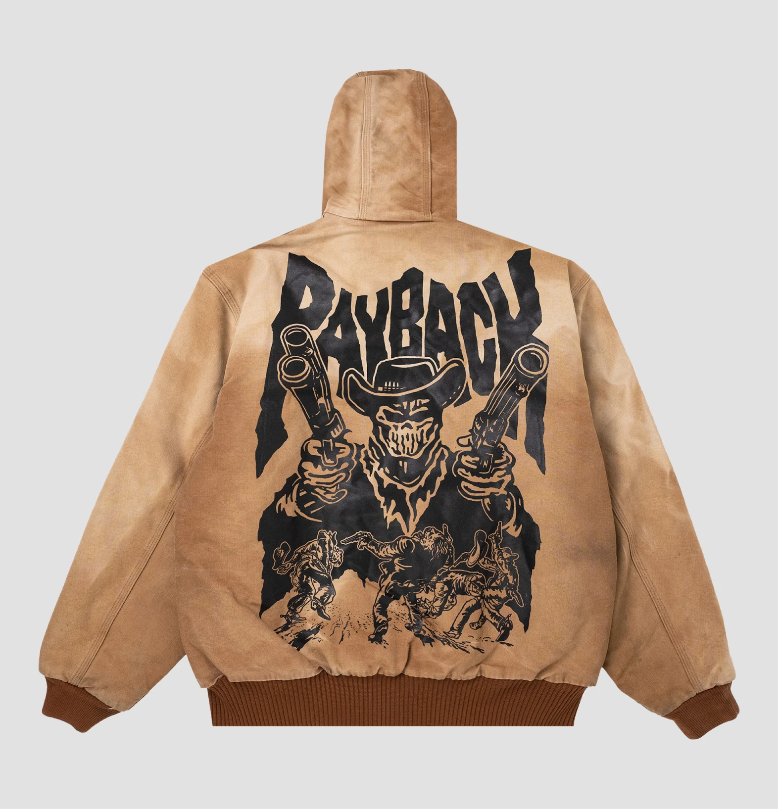 Tan Warren Lotas Payback hoodie with skeletal cowboy illustration