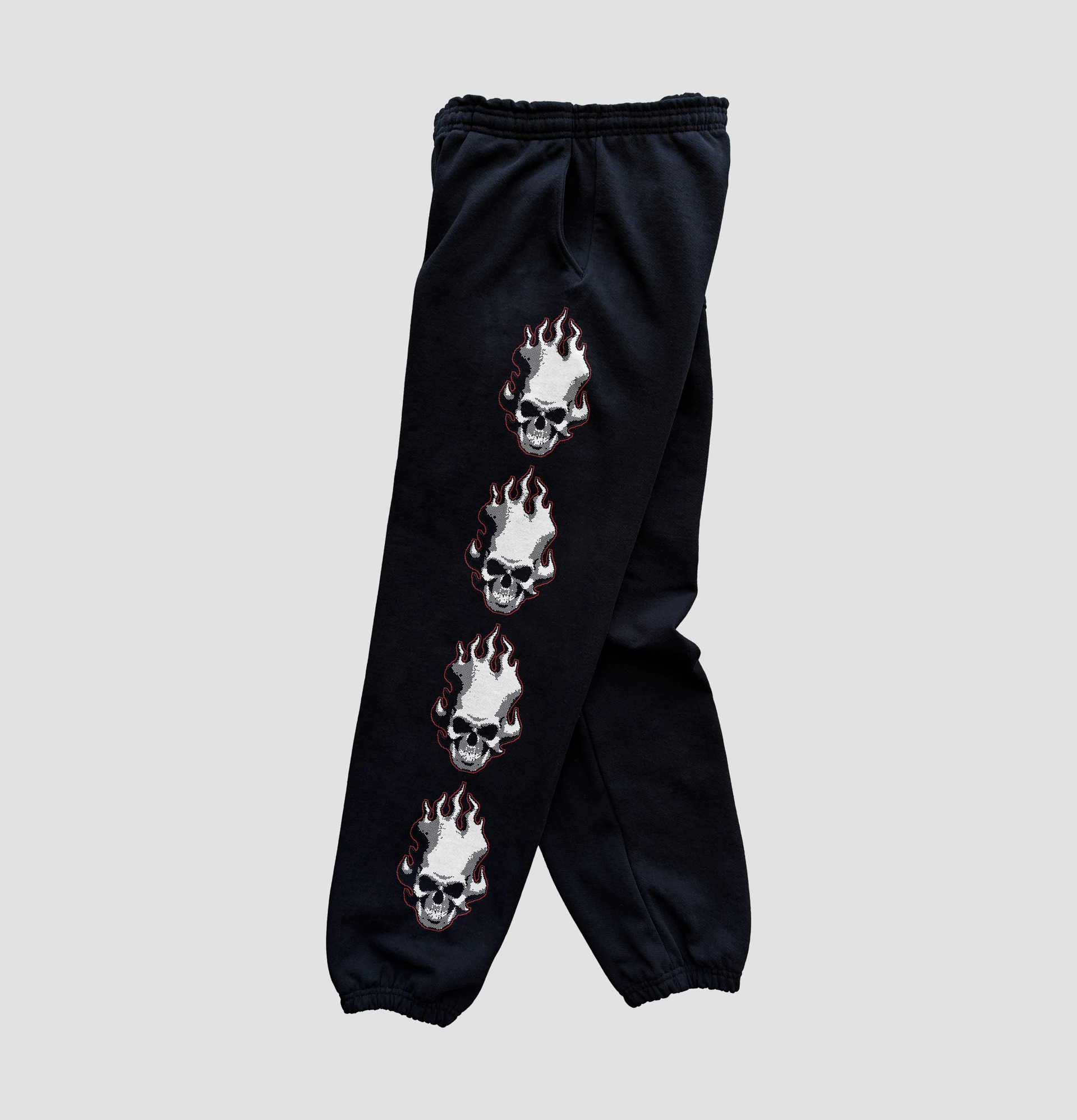 Side view of Emo Nite pants with illustrated flame details