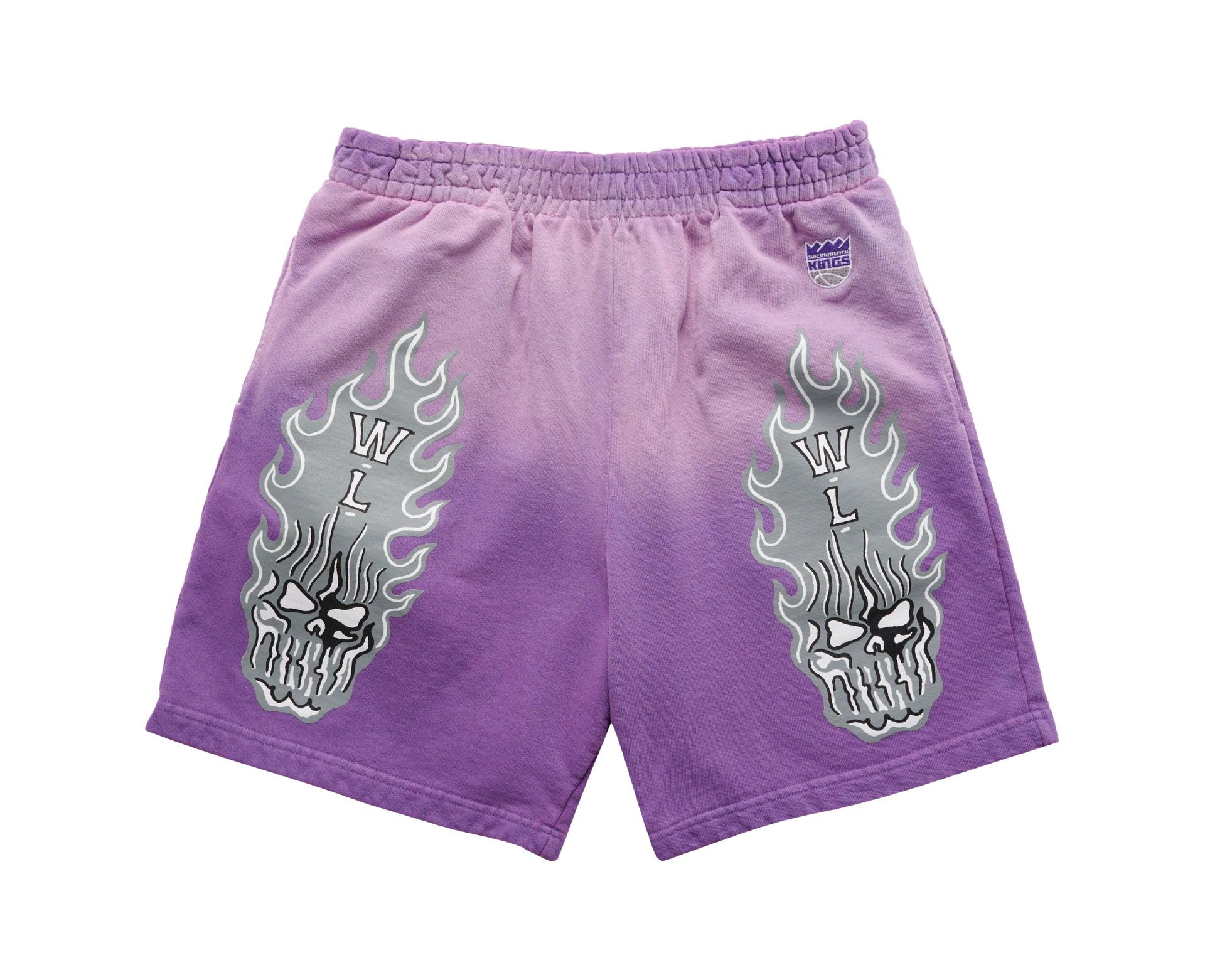 Purple Warren Lotas basketball shorts with illustrated side panels