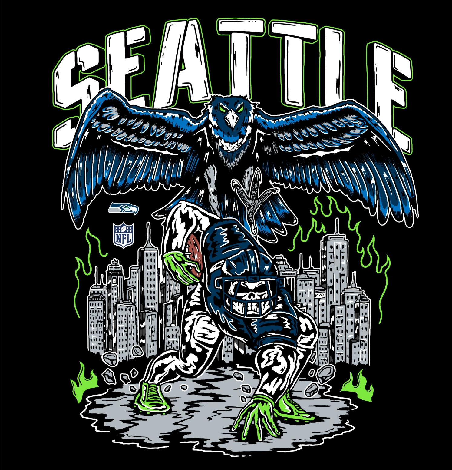 Seattle illustrated apparel graphic for Warren Lotas