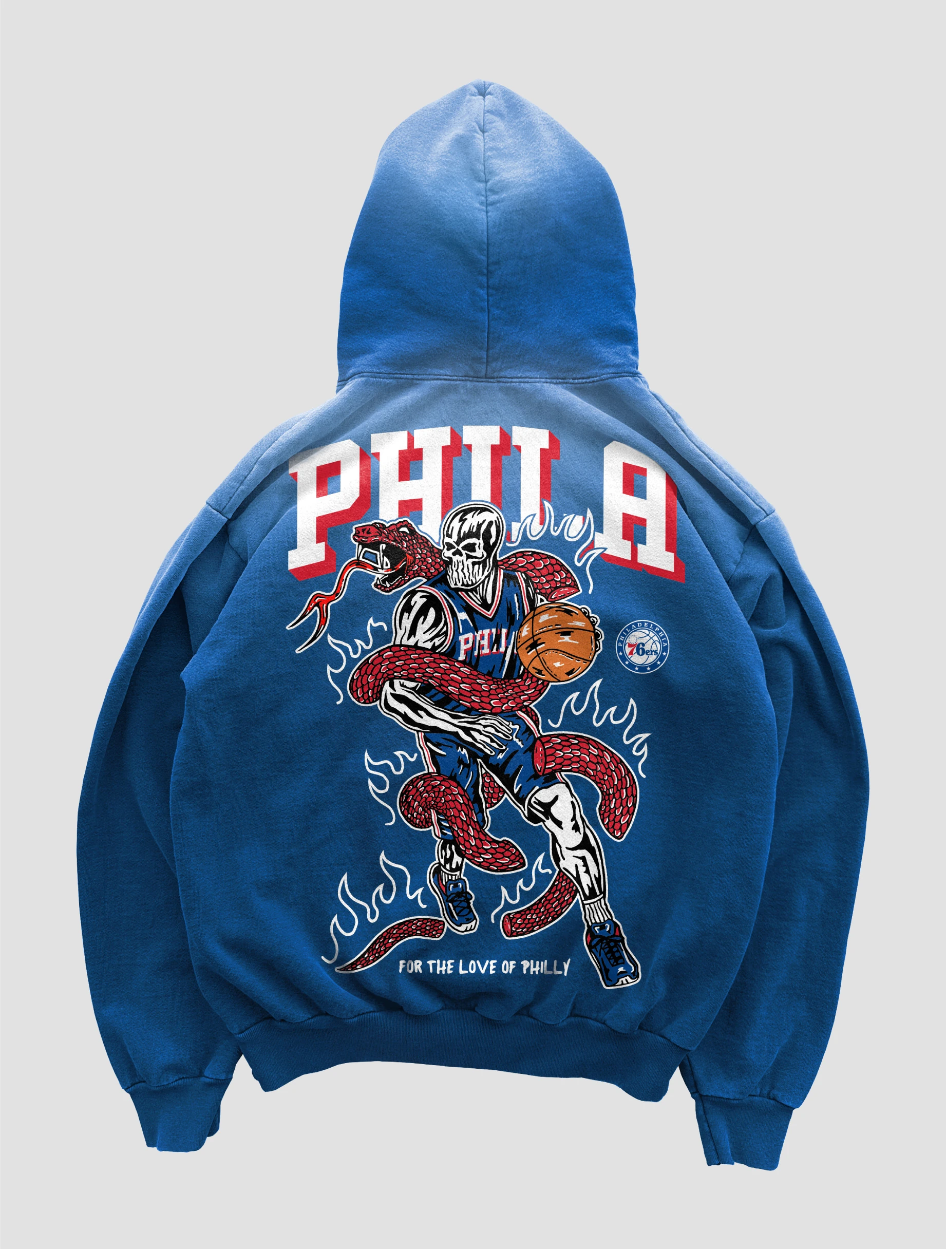 Blue Philadelphia Warren Lotas hoodie with team-inspired illustrated graphic