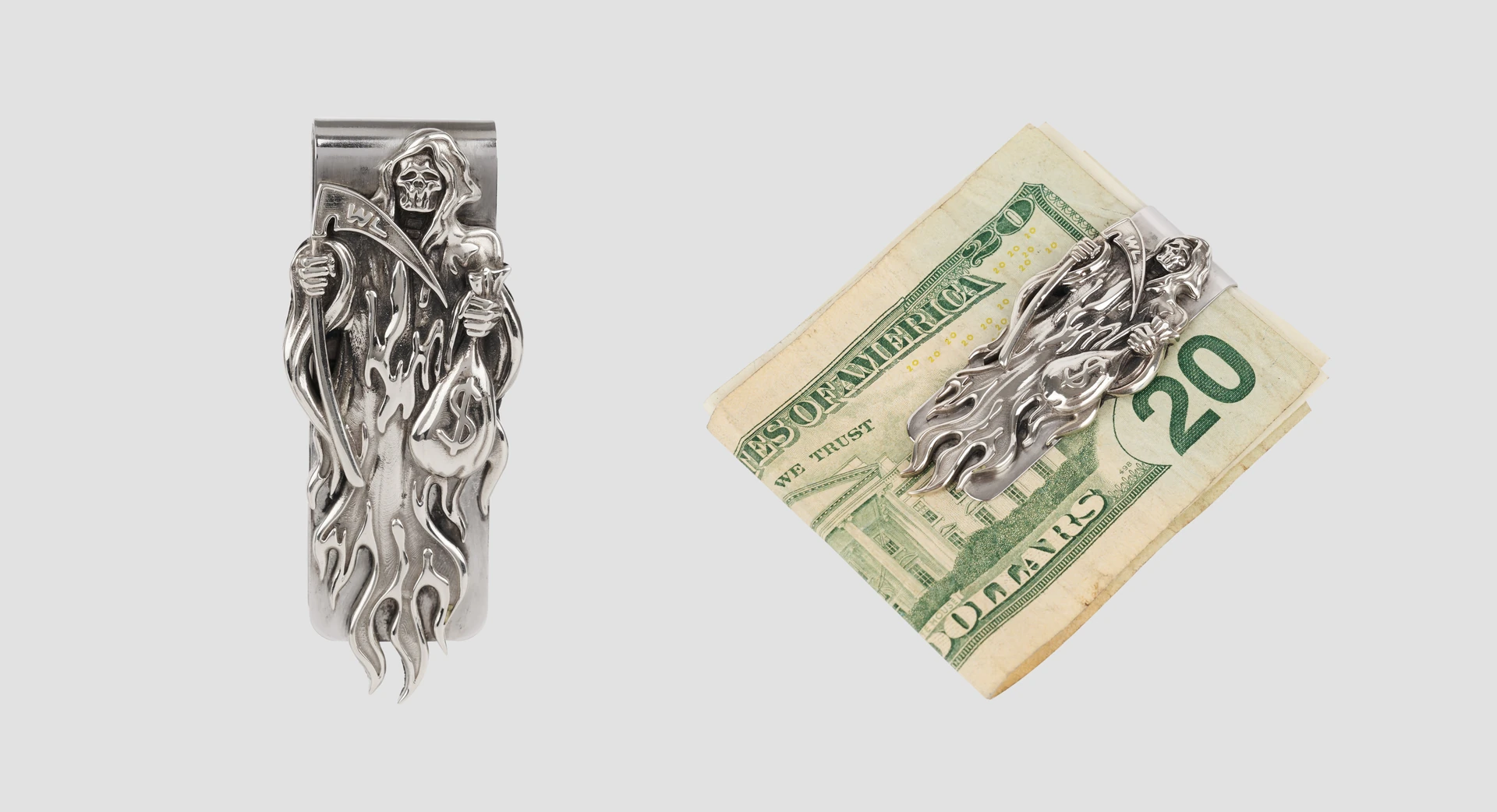 Sterling silver Warren Lotas money clip photographed beside a twenty-dollar bill