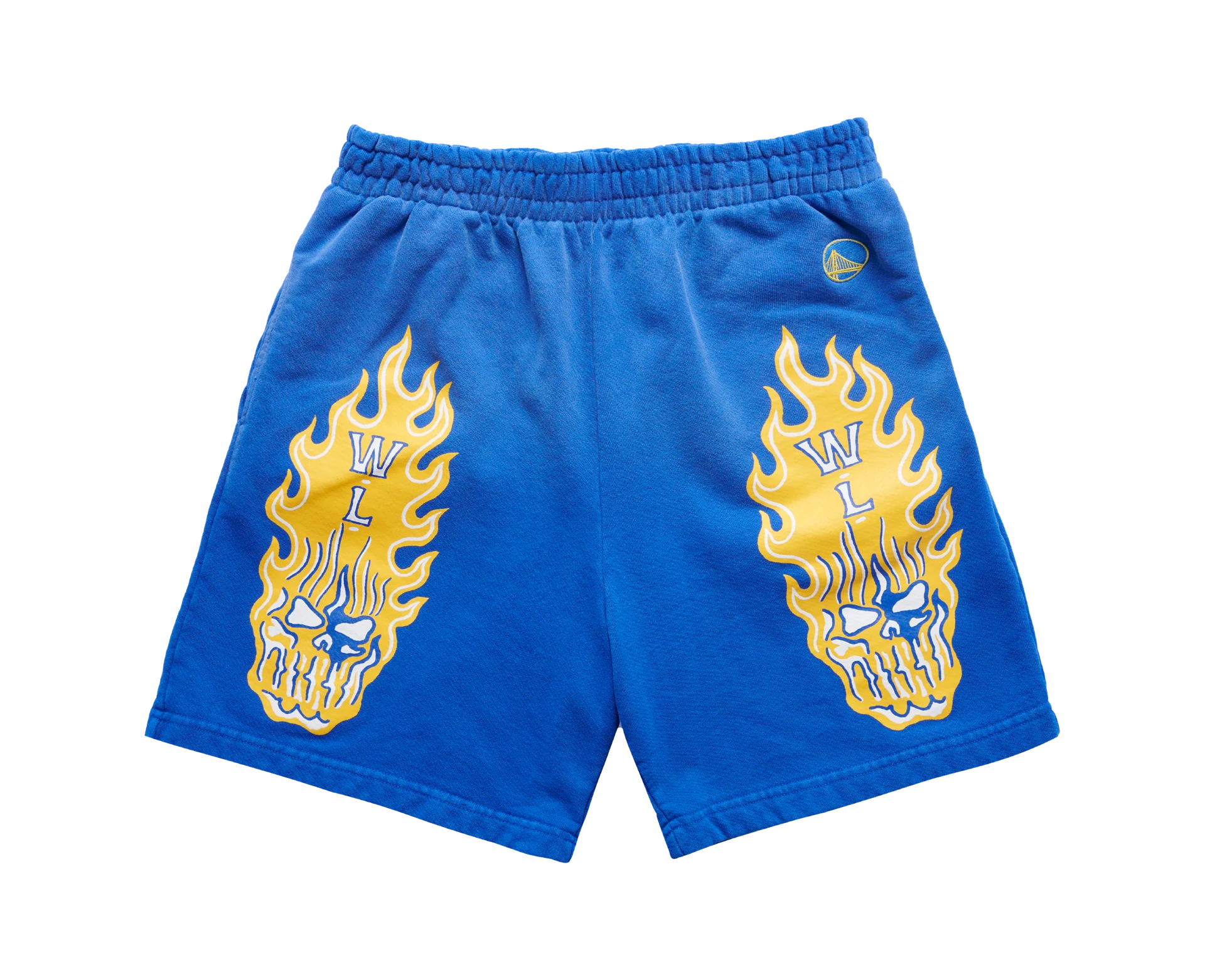 Blue Warren Lotas basketball shorts with yellow illustrated side panels