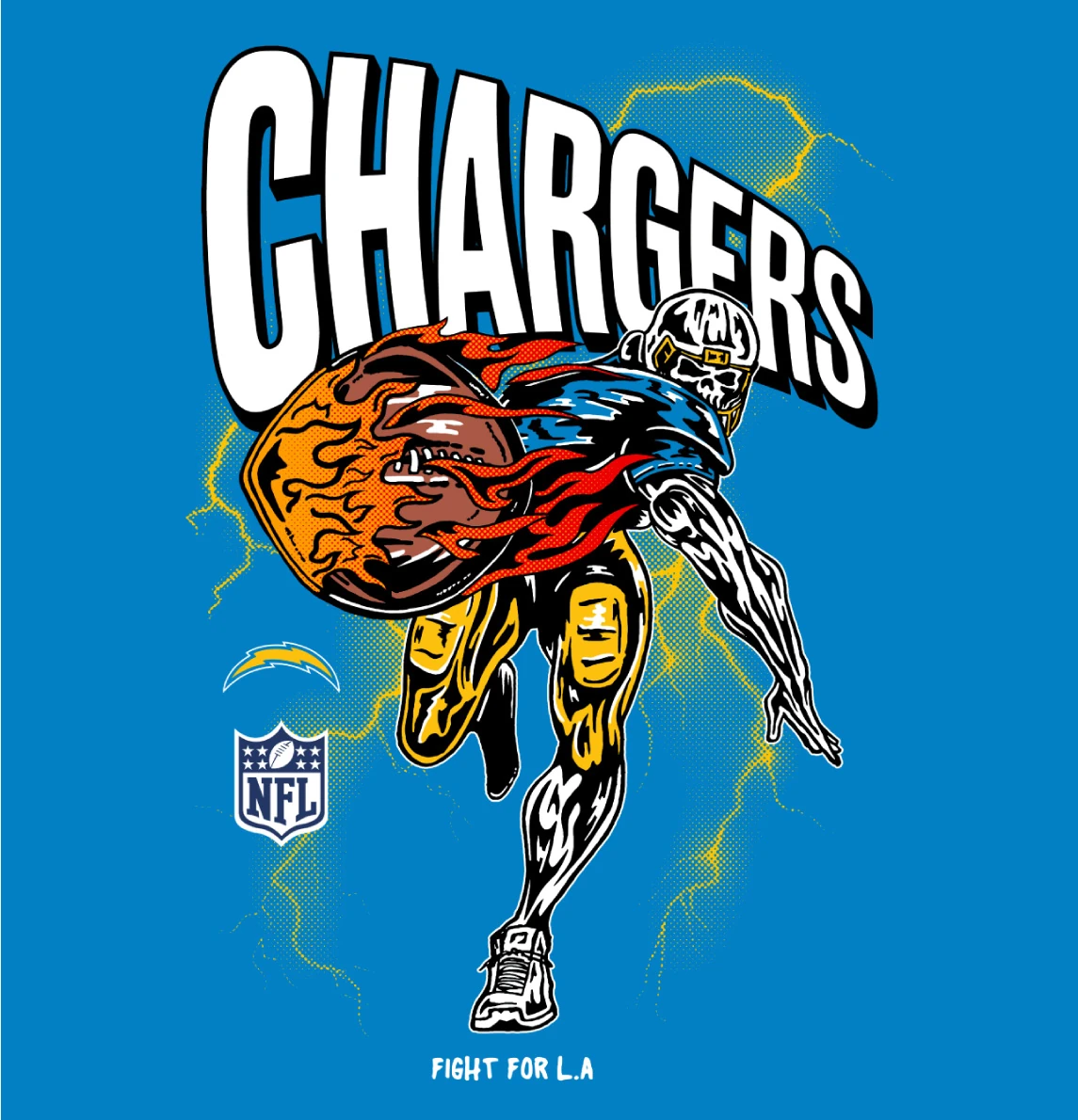 Blue Chargers illustration with stylized team mascot for Warren Lotas