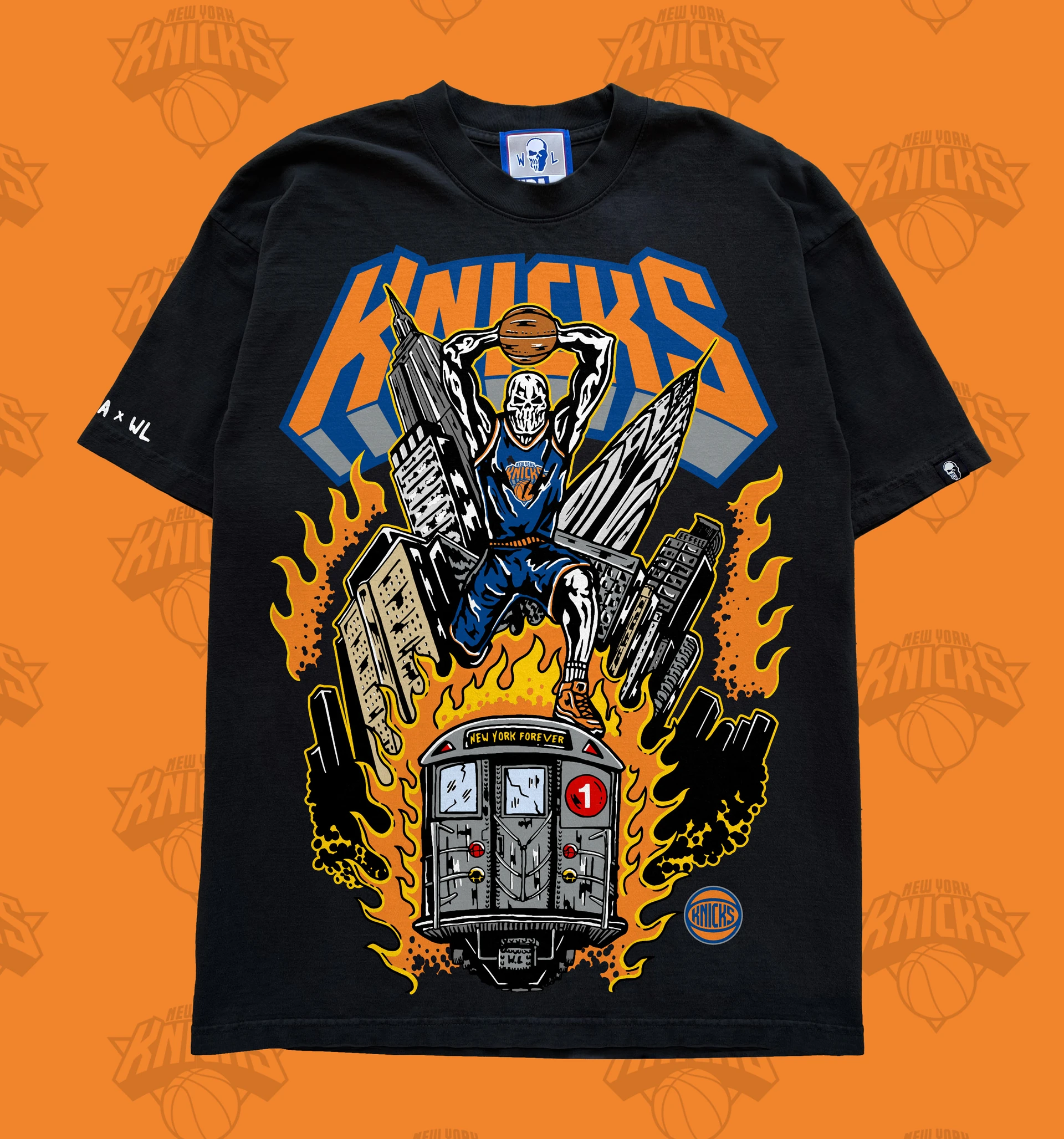 Black New York Knicks Warren Lotas T-shirt with illustrated basketball graphic on an orange background
