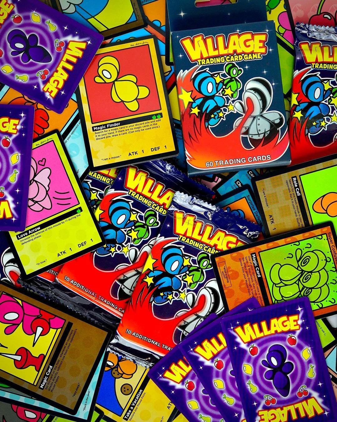 Colorful Village Mice trading cards and branded packaging featuring Steven Savoca's mouse characters