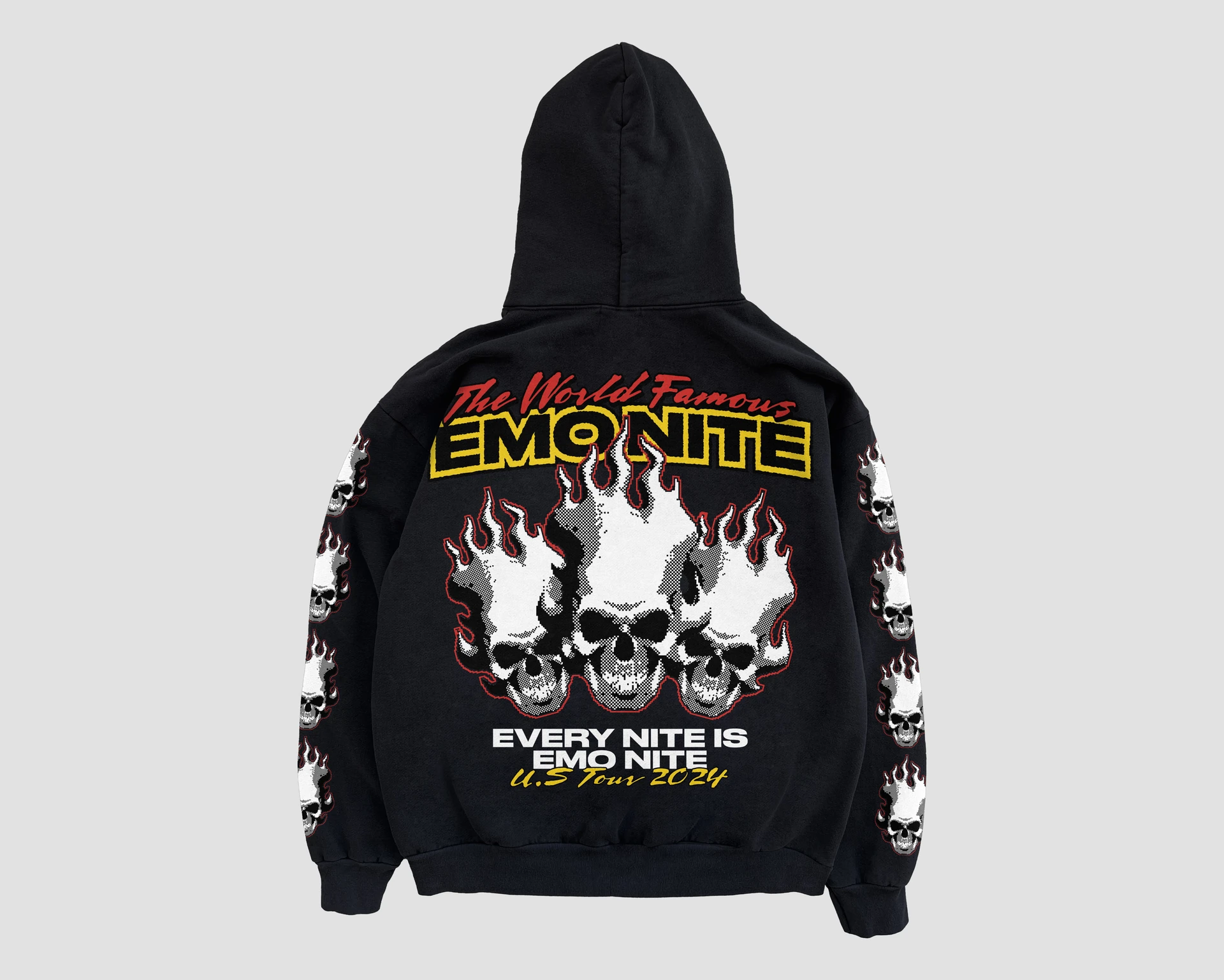 Black Emo Nite hoodie with flaming illustrated graphic