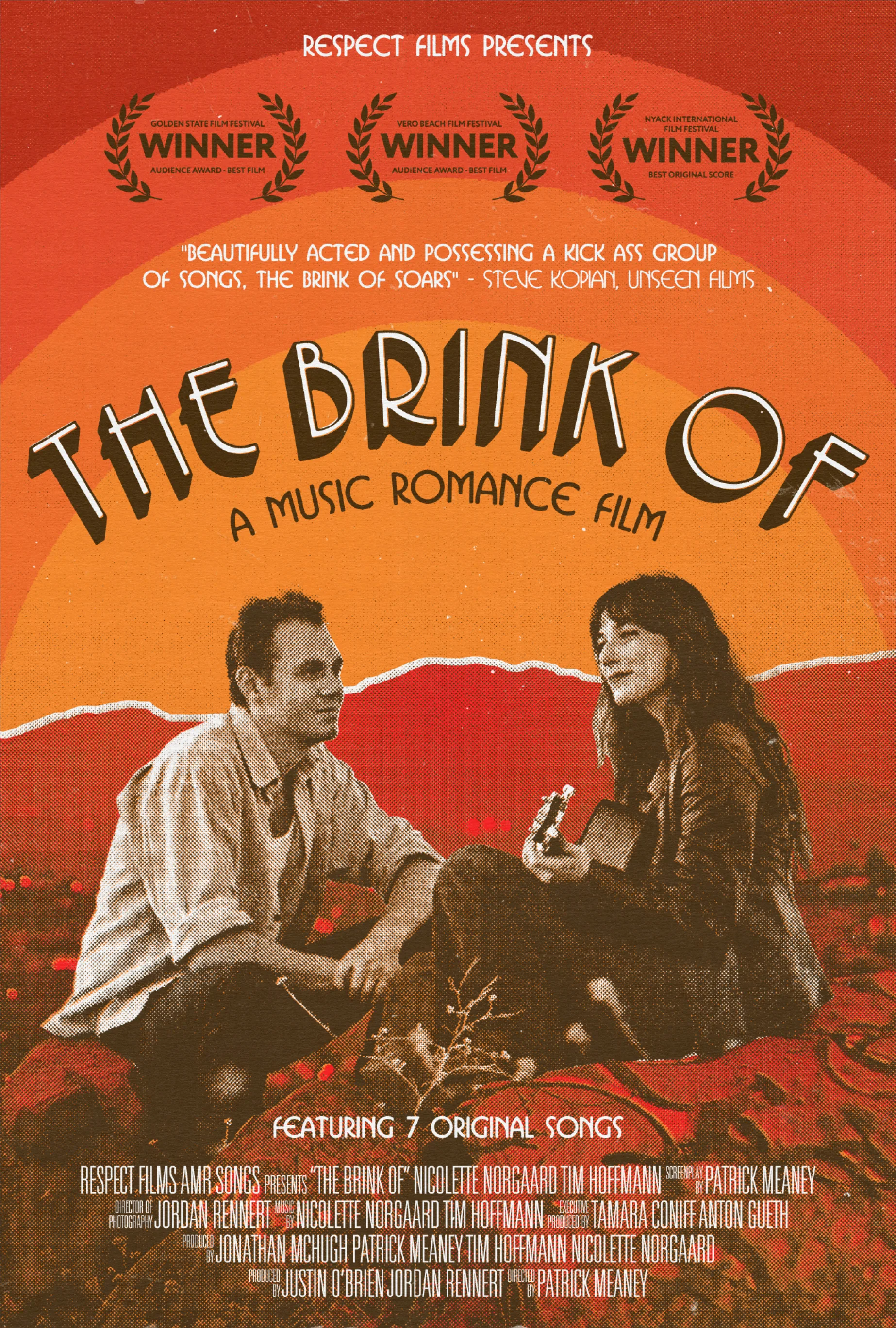 Orange and yellow The Brink Of film poster with two musicians and hand-drawn title lettering